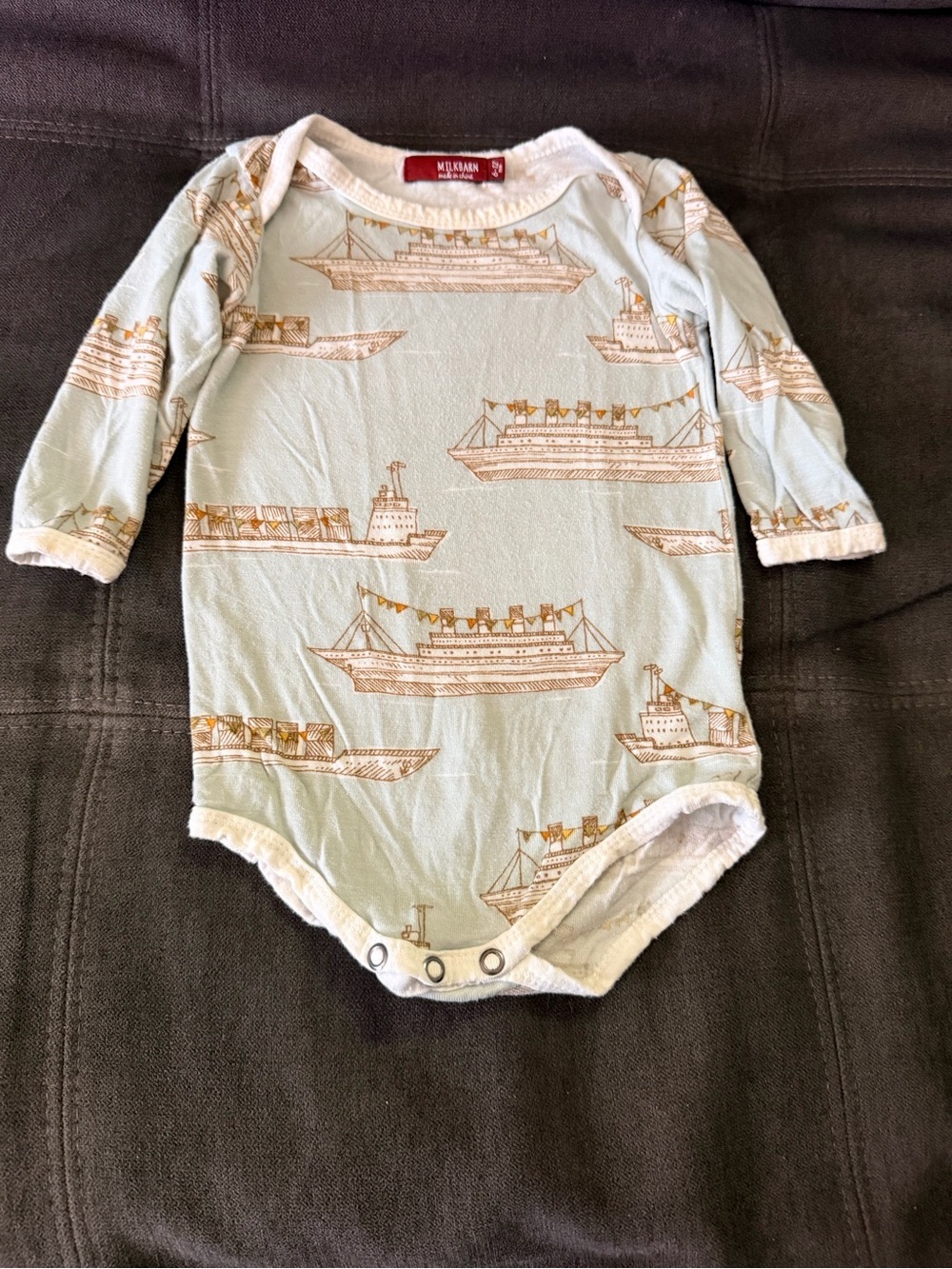 Milkbarn Light Blue Boat-Print Long Sleeve Bodysuit